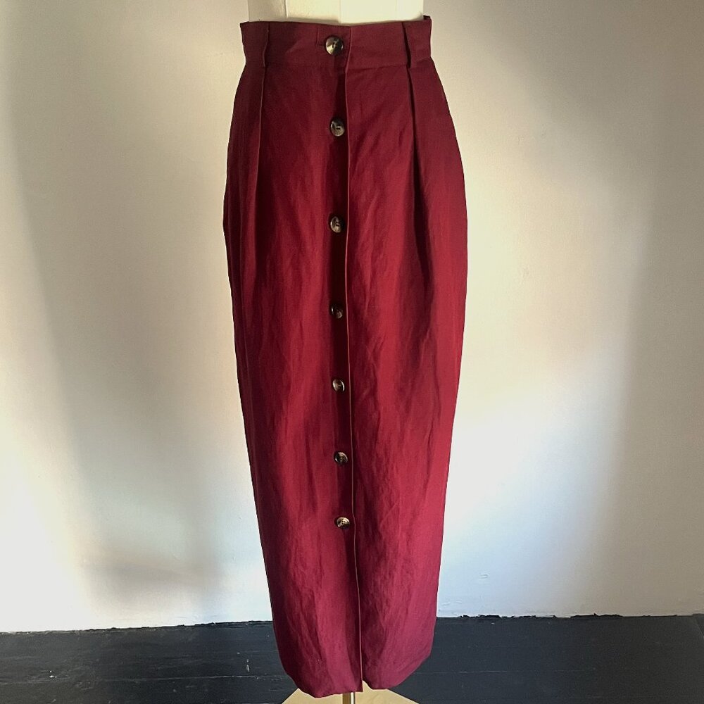 Vintage 1990s Burgundy Linen Rayon Blend Button Front Skirt - Size 4 -Small/XS